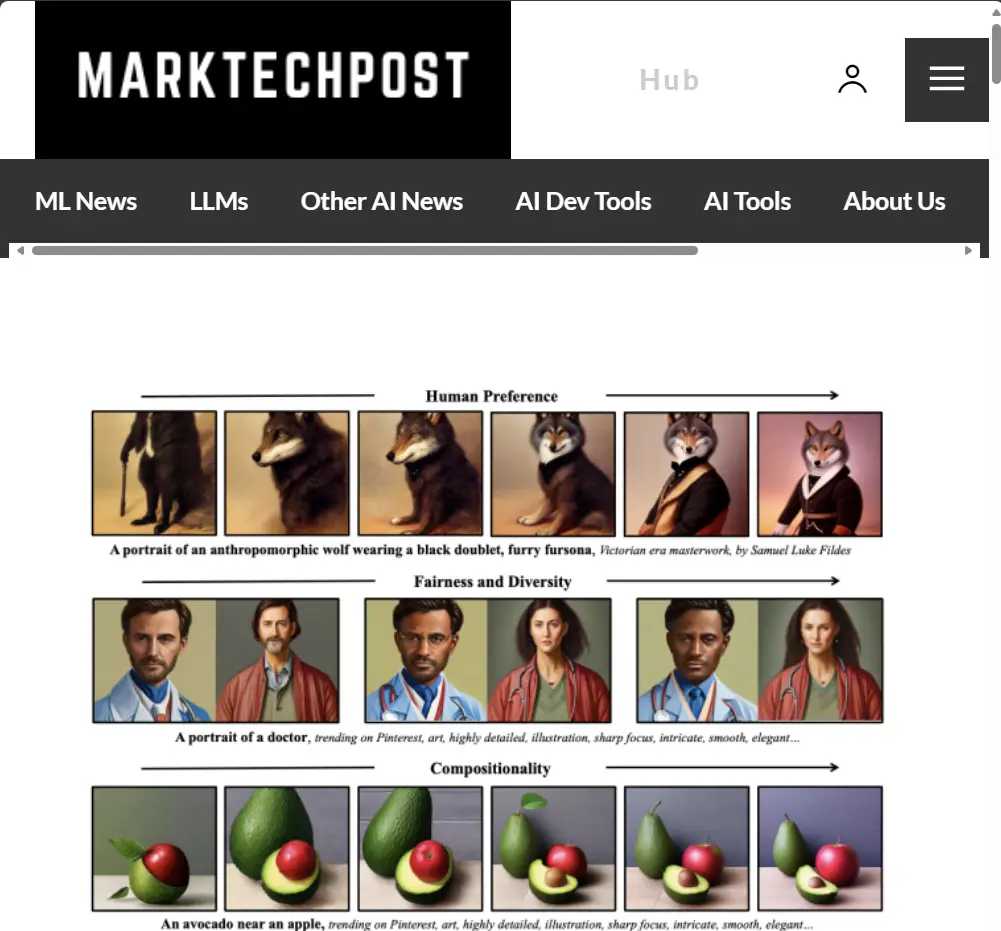 Collage of digital artwork showcasing anthropomorphic animal characters in Victorian attire and realistic portraits of professionals, alongside images comparing an avocado with an apple to represent compositional variety.