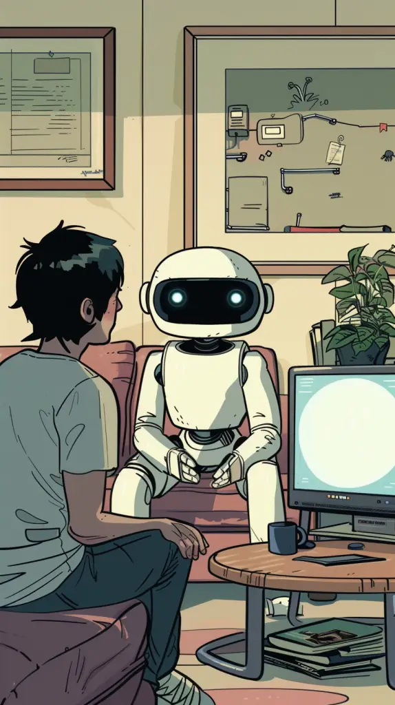 An evocative image depicting a person seated in a relaxed pose opposite a robot, symbolizing the seamless integration of AI in content creation and modification. The robot's screen-face suggests its role in generating or altering content, hinting at the ease with which AI can now adapt and personalize digital material.