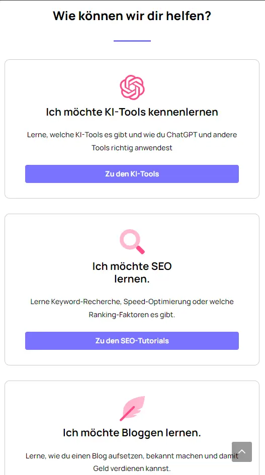 Screenshot of Blogmojo.de's assistance options with categories to explore AI tools, learn SEO, and understand blogging strategies, each with a descriptive blurb and a button to proceed