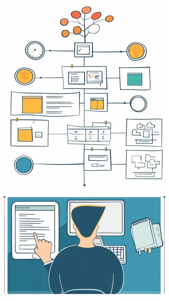 Illustration of a person at a desk interacting with a digital document on a tablet, with an infographic above depicting a flowchart of work processes including tasks, time management, financials, and user profiles