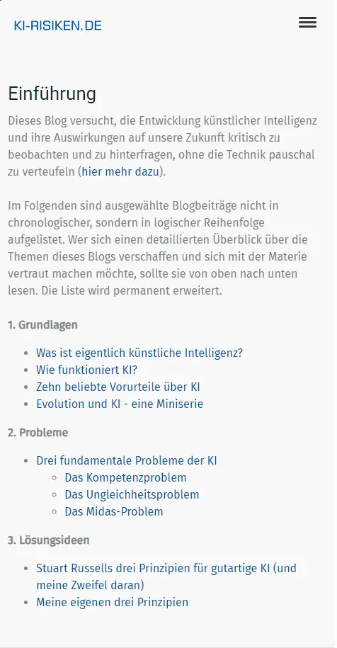 Alt Text: "Screenshot of the introductory page from the blog KI-Risiken.de, featuring sections on the fundamentals of artificial intelligence, problems associated with AI, and proposed solutions. The page encourages critical examination of AI's development and its impacts on the future without outright dismissal of the technology