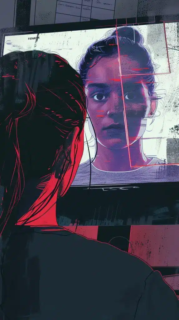 A tense illustration of a woman observing her own altered reflection in a monitor, symbolizing the impact of deepfake technology on personal identity. The monitor displays her face with digital distortions, represented by red scan lines, indicating the manipulation of her image