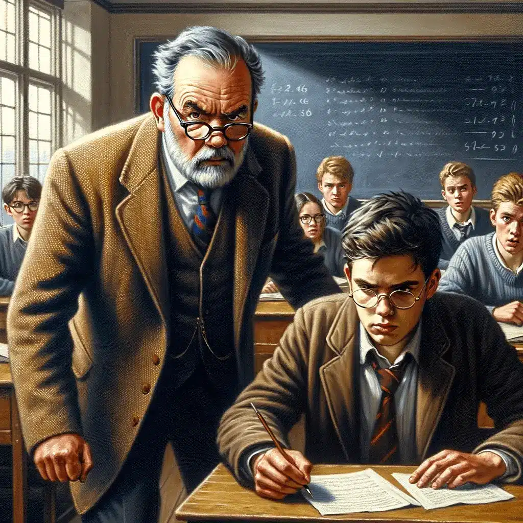 Eine gemalte Szene eines älteren Lehrers, der über einen Schüler gebeugt ist, der eine Prüfung in einem traditionellen Klassenzimmer schreibt