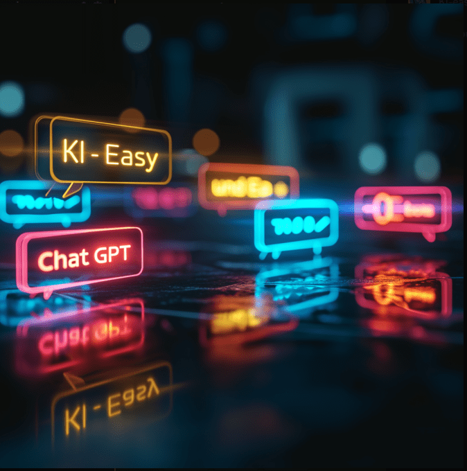 "Eine leuchtende Darstellung verschiedener Chatbots mit Fokus auf 'Chat GPT' in Neonfarben auf einem virtuellen Interface