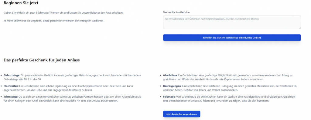 Screenshot von Aipoemgenerator.com
