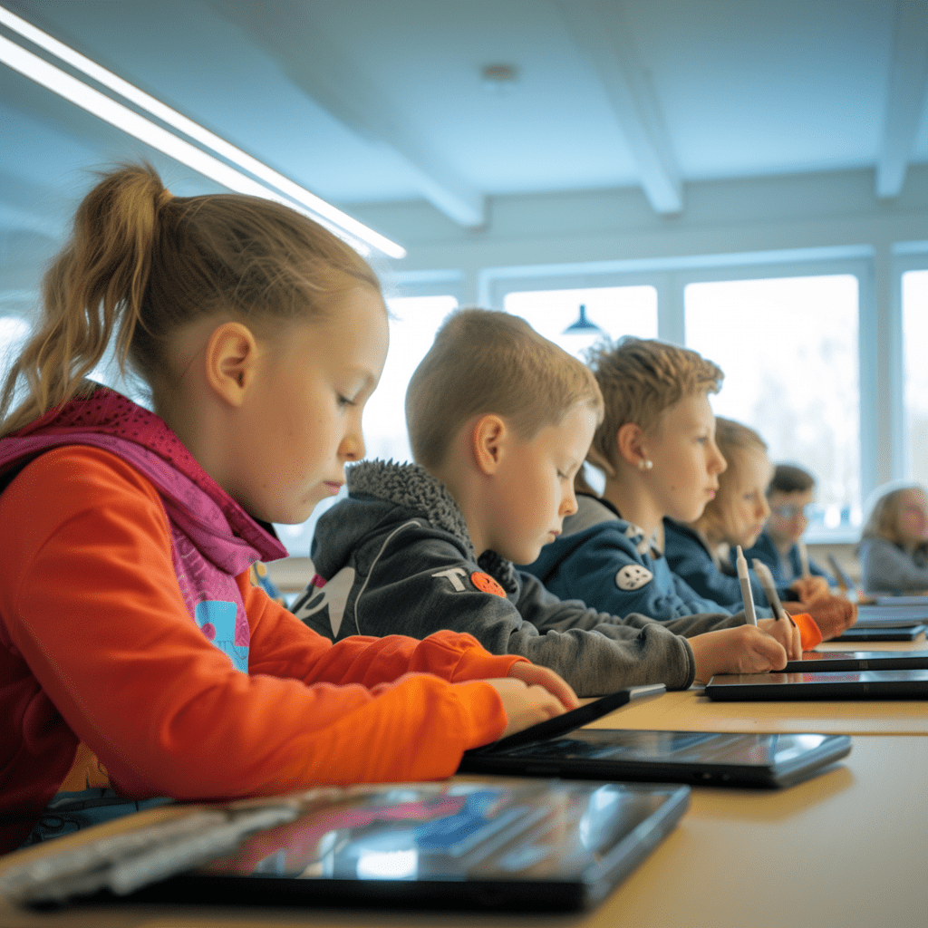 Gruppe von Schülern, die mit KI-Assistenz auf Tablets Gedichte schreiben