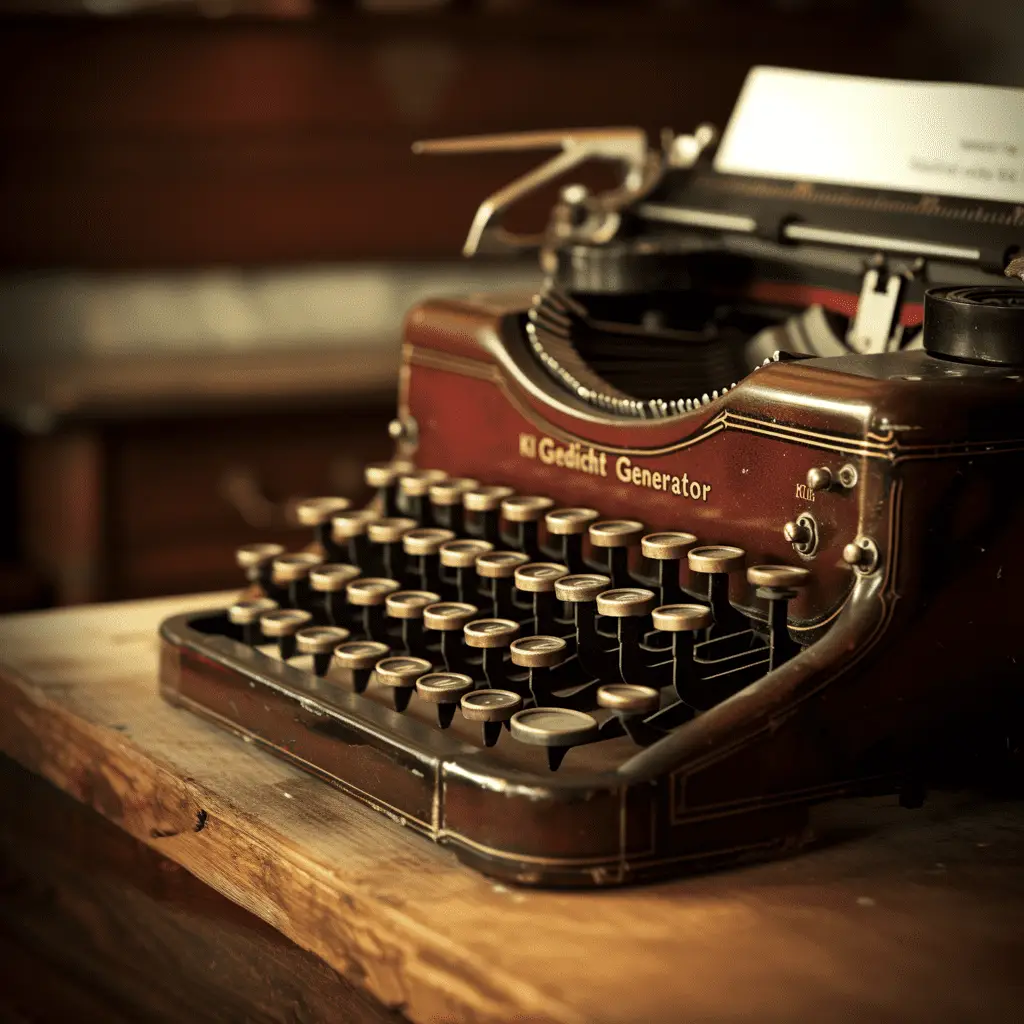Eine Vintage-Schreibmaschine mit der Beschriftung 'Gedicht Generator' auf einem Papier in der Schreibwalze