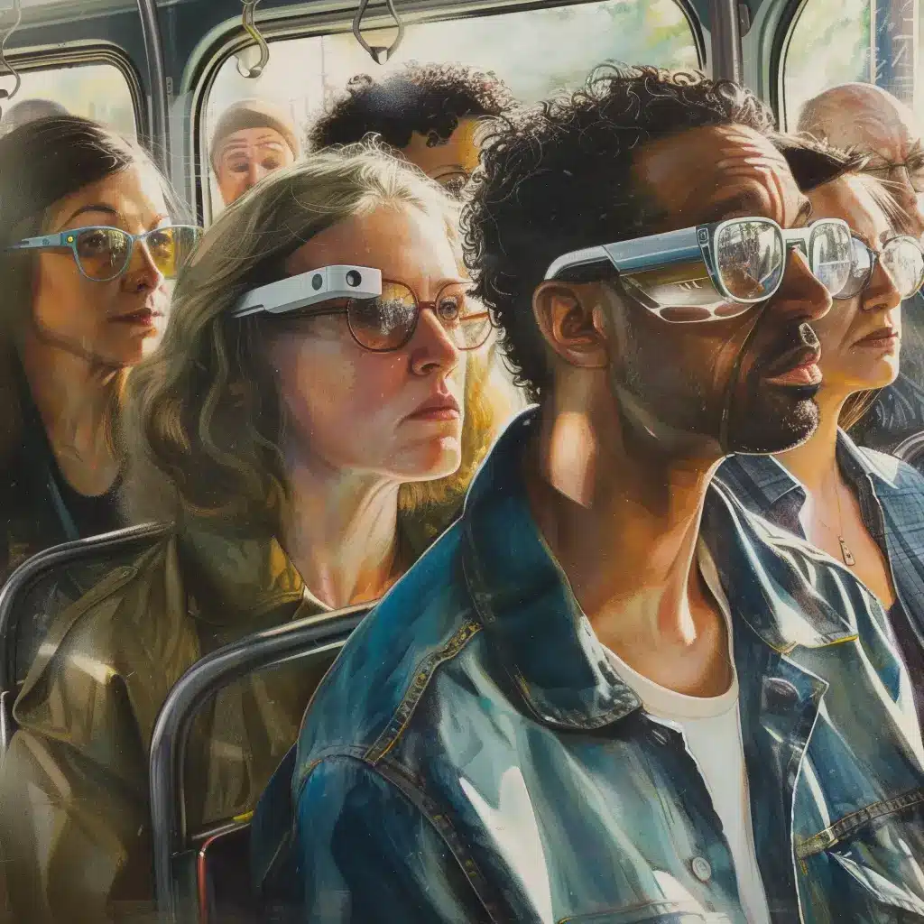 Realistic painting of diverse passengers on public transport wearing augmented reality glasses, each absorbed in their own world, illustrating the intersection of technology and daily life