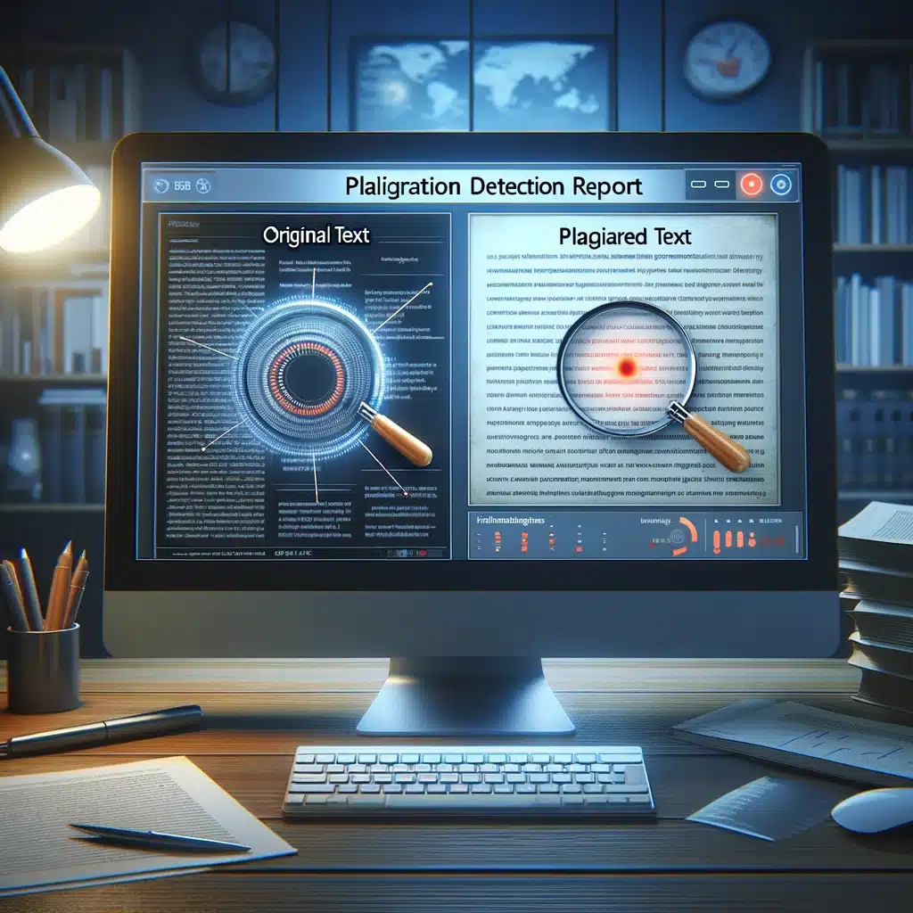 Computer screen displaying a plagiarism report. Side-by-side view of original text (green) and suspected plagiarism (yellow), highlighting matching phrases and sentences. Detailed information on comparison results visible, including source of potential plagiarism. Overall image showcases how a plagiarism detection tool helps identify and analyze instances of unoriginal content.