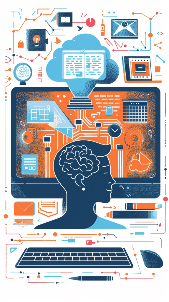 Illustration eines Profils einer menschlichen Silhouette mit einem Gehirn, das an eine Wolke von digitalen Icons und einem Computerbildschirm angeschlossen ist, symbolisch für den Fluss von Informationen