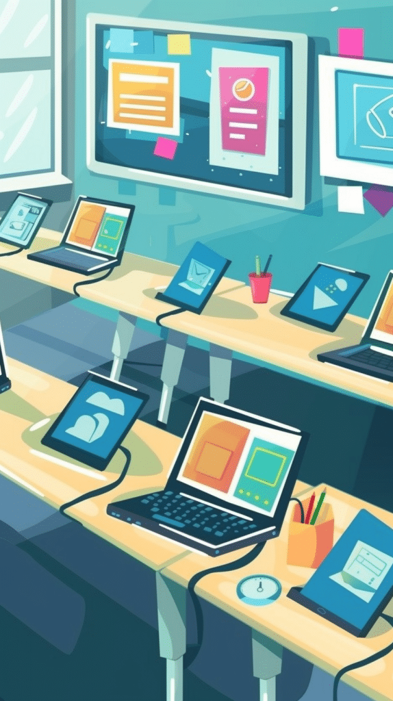 Illustration eines Klassenzimmers voller digitaler Geräte wie Tablets und Laptops, die auf Tischen vor einer interaktiven Tafel mit Anzeigen angeordnet sind