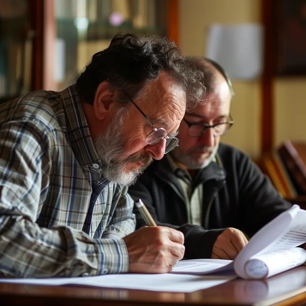 Two elderly men in plaid shirts working intently on paperwork, possibly collaborating on research or reviewing important documents, in a room with bookshelves