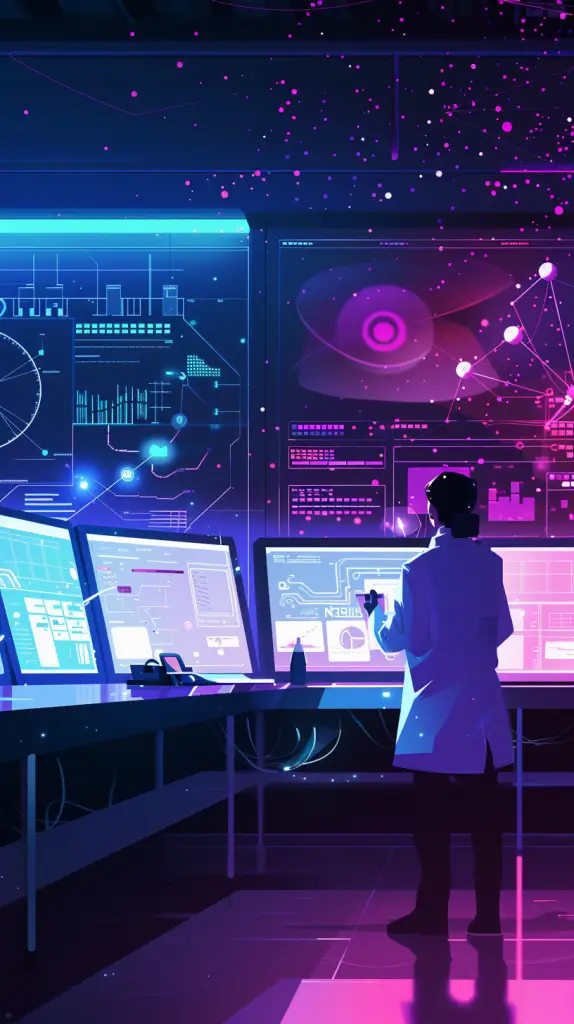 Digital illustration of a person standing in a high-tech control room filled with advanced screens and interfaces displaying various data visualizations, in a vibrant neon color scheme