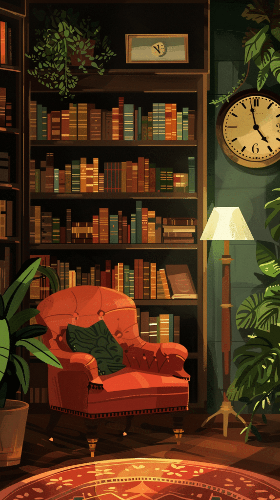 Eine behagliche Leseecke mit einem roten Sessel, umgeben von üppigen Zimmerpflanzen und Bücherregalen, beleuchtet von einer stehenden Lampe