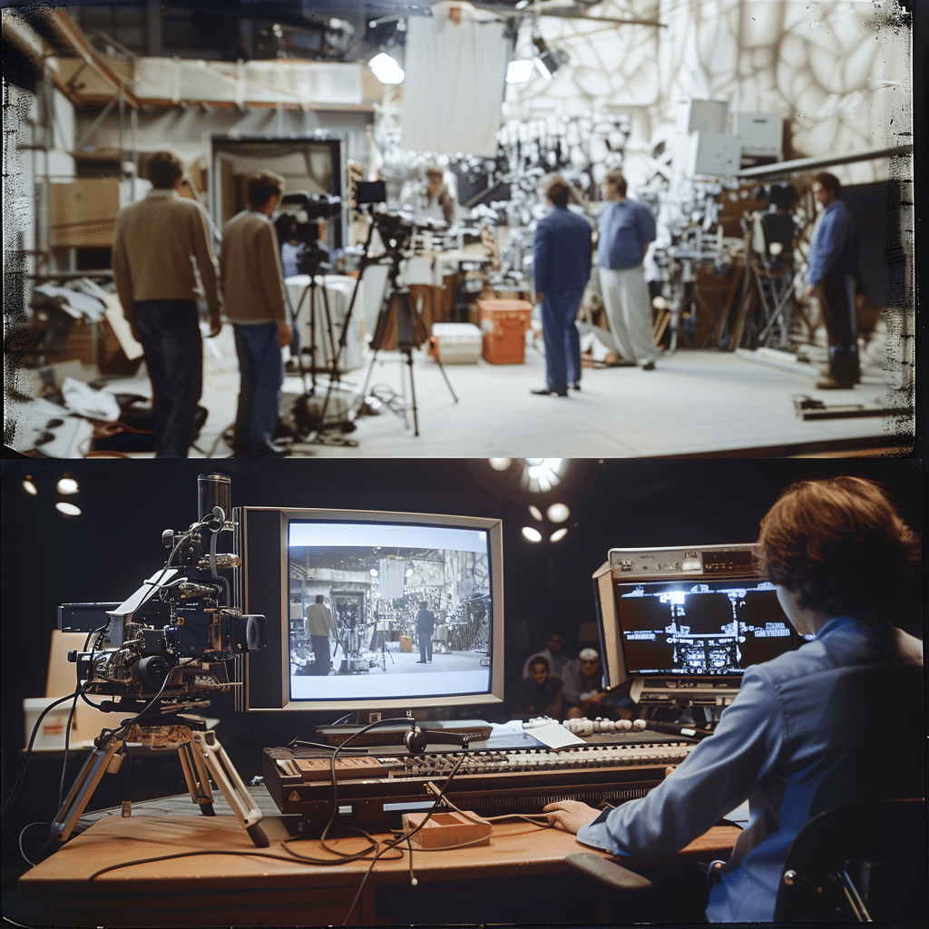 Blick auf einen Fernsehproduktionsraum mit Crewmitgliedern, die Kameras und Beleuchtung bedienen, und einem Regisseur, der den Überblick über Monitore behält