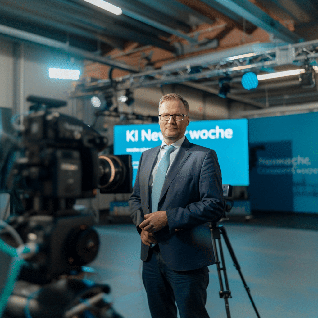 "Moderator in einem professionellen Studio steht vor der Kamera mit einem Hintergrund, der für die 'KI Newswoche' wirbt.