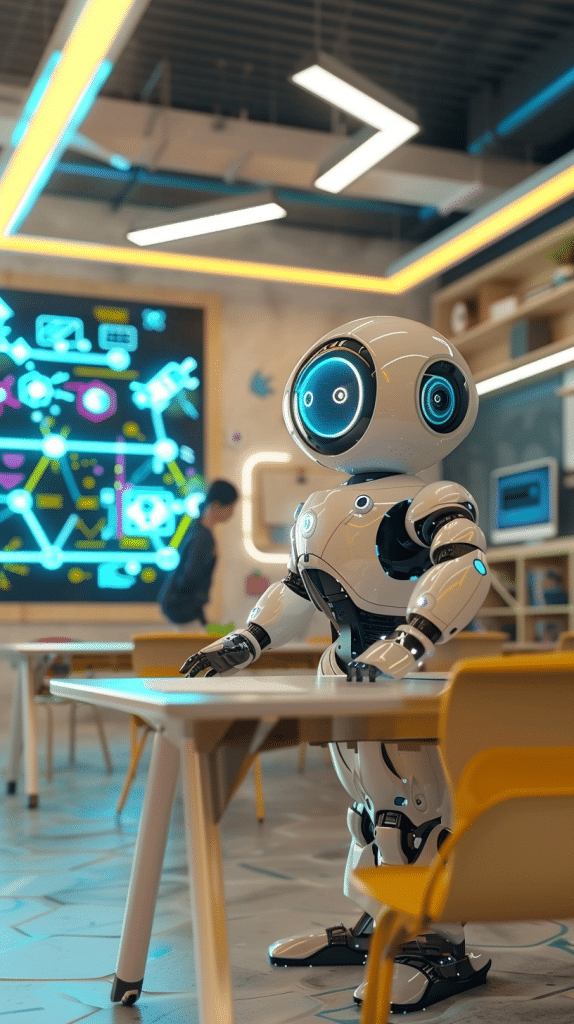 Ein freundlich aussehender Roboter steht in einem modernen Klassenzimmer, hinter ihm eine Wand mit leuchtenden, wissenschaftlichen Symbolen.