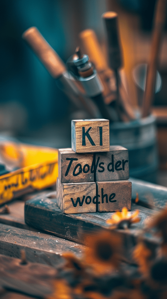 Holzblöcke mit der Aufschrift 'KI Tools der Woche' auf einem Arbeitstisch, umgeben von verschiedenen Werkzeugen