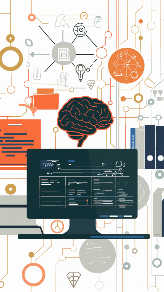 Grafische Darstellung des menschlichen Gehirns verbunden mit Symbolen der Technologie und Datenanalyse, repräsentativ für KI und maschinelles Lernen.