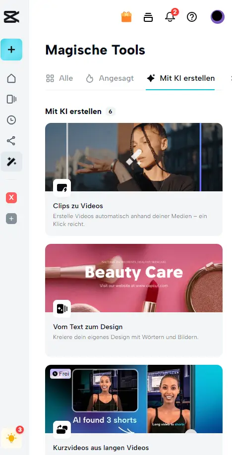 Screenshot of CapCut's AI Tools section featuring options to create clips from videos automatically, design with text and images, and convert long videos into short clips