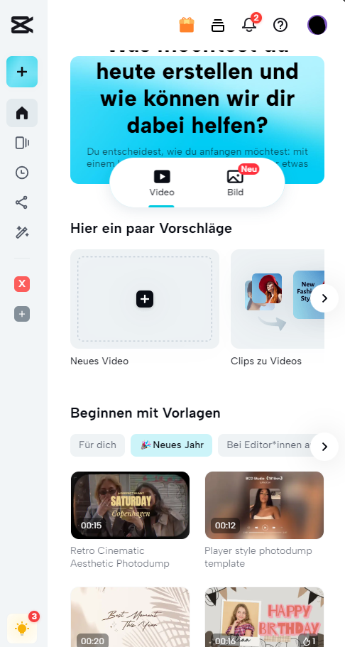 Screenshot of the video creation interface on CapCut's website, displaying options for starting a new project with a video or image, and template suggestions for 'New Year' and 'Editor's Picks'