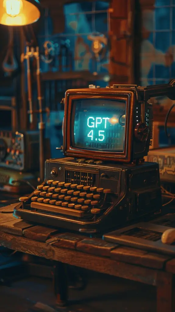 An old-fashioned typewriter with a digital screen displaying 'GPT 4.5' in a vintage-style room with ambient lighting, suggesting a blend of retro and modern technology