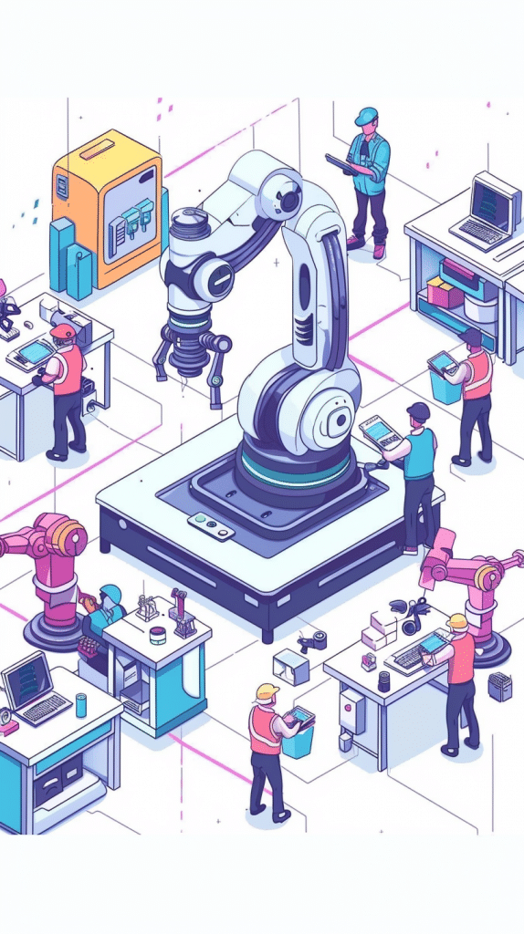 Isometrische Darstellung eines modernen Fabrikarbeitsplatzes mit Arbeitern, die mit fortschrittlichen Roboterarmen und Automatisierungstechnologie interagieren.