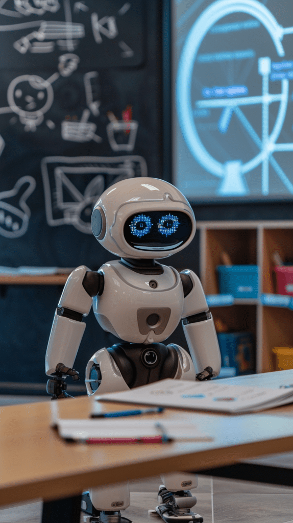 Humanoider Roboter mit digitalen Augen vor einer Tafel mit mathematischen Symbolen in einem Bildungsumfeld