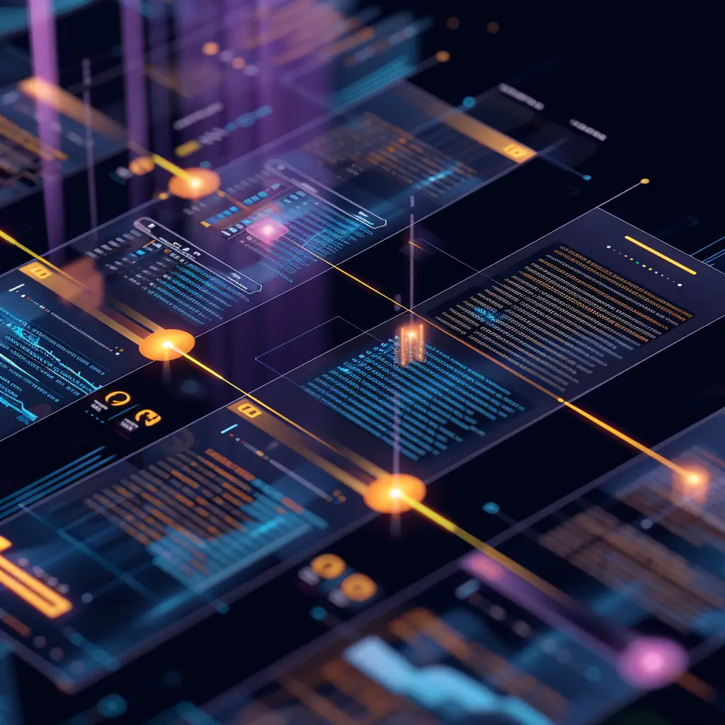 Futuristisches digitales Dateninterface mit mehreren Ebenen und fließenden Code-Elementen