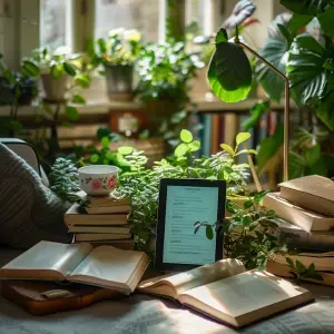 Cozy reading nook with an abundance of green plants on a sunny windowsill, a steaming cup of tea on a stack of hardcover books, and an e-reader displaying text on a stand, illuminated by a warm desk lamp light, creating a tranquil and inviting space for book lovers.