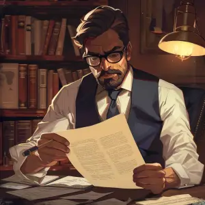 Stylized illustration of a focused man with glasses and a beard, dressed in a waistcoat and tie, intently reading a document in a classic study filled with books and bathed in the warm glow of a desk lamp