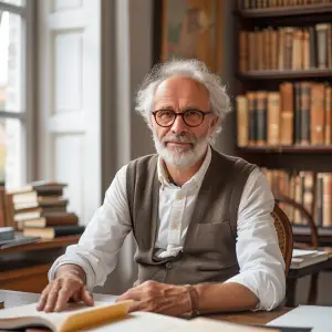 Portrait of a smiling elderly man with white hair and a full beard, wearing round glasses, a white shirt, and a brown vest, sitting at a desk with books and papers, in a room with a bookshelf and artwork, conveying a sense of wisdom and contentment.
