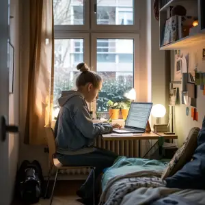 A young woman with her hair in a bun, wearing a denim jacket, sits focused at a small desk, studying from a laptop in a cozy, well-lit room with a window view, surrounded by personal items and indoor plants, creating a serene and studious atmosphere