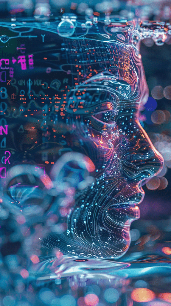 Digitale Darstellung eines menschlichen Profils mit integrierten Schaltkreisen und Datenströmen, die die Verbindung von menschlichem Bewusstsein und KI symbolisieren.