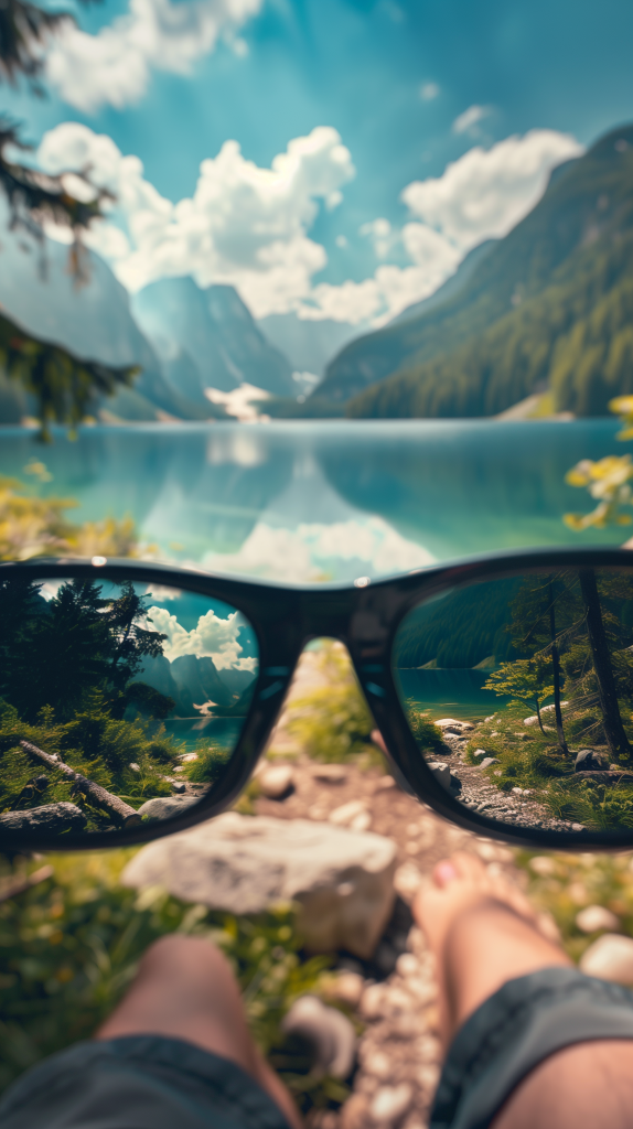 First-person perspective of a person's legs reclining by a serene lake, viewed through sunglasses that reveal a clear and vibrant reflection of the surrounding landscape.