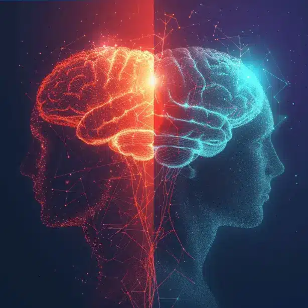 Digital illustration of a human profile with a glowing, network-connected brain, depicting neural activity and cognitive processes