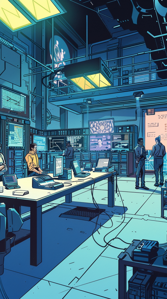 "Personen arbeiten in einem hochmodernen Kontrollraum mit fortschrittlicher Technologie und großen Monitoren, die komplexe Daten visualisieren