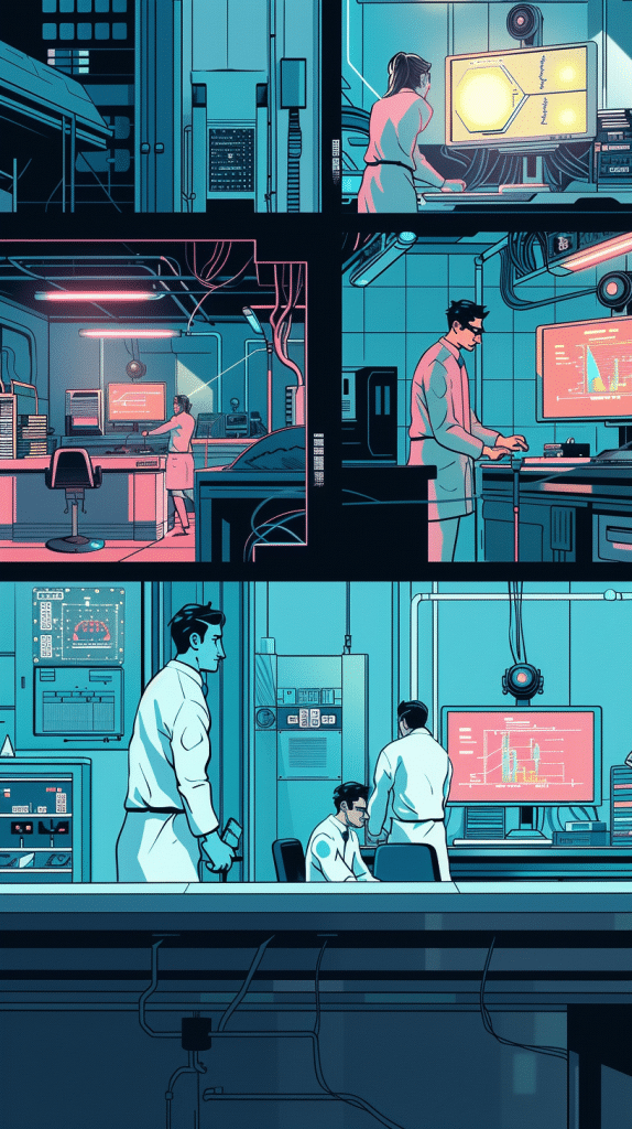 Comic-Stil Illustration eines futuristischen Kontrollraums mit Wissenschaftlern, die an verschiedenen Stationen mit fortschrittlichen Bildschirmen und Interfaces arbeiten