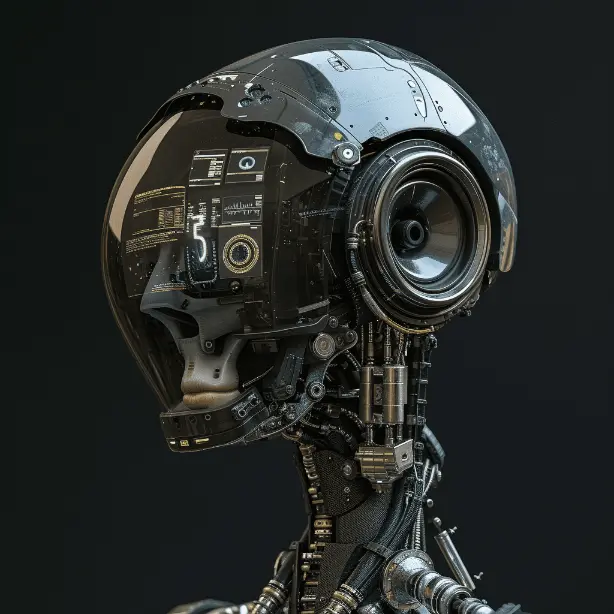 Intricately detailed robotic head with a large camera lens for an eye, showcasing advanced artificial intelligence technology