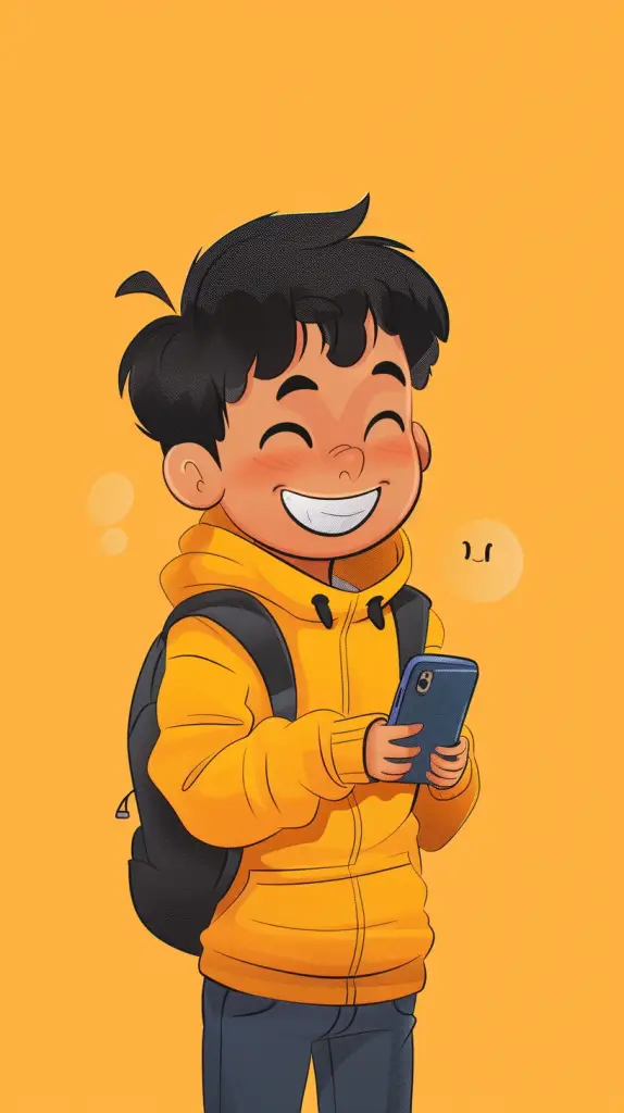 Ein glückliches animiertes Kind in einem leuchtend gelben Hoodie mit einem Rucksack hält ein Smartphone und lächelt breit vor einem einfarbigen orange-gelben Hintergrund.