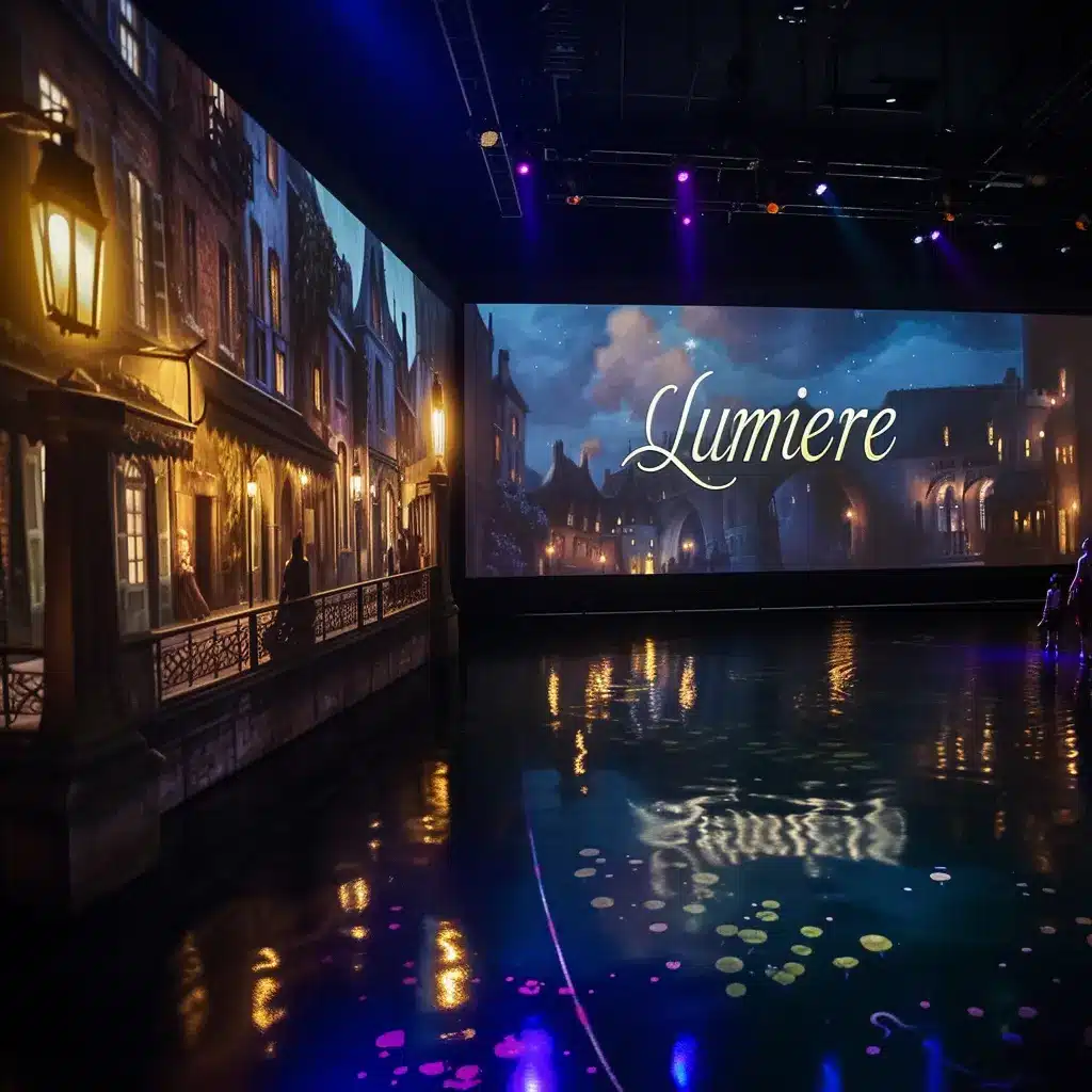 Stilvolle Darstellung von 'Lumiere' in einer nächtlichen Szenerie, welche die Verbindung von traditioneller Architektur und fortschrittlicher KI-Videoinnovation illustriert