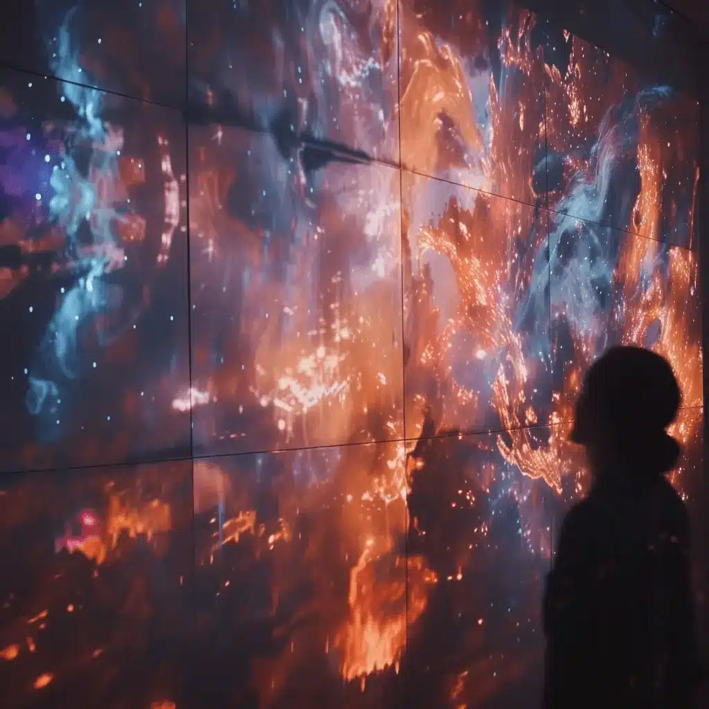 Silhouette of a person standing before a large, vibrant display of cosmic activity, immersed in a visual exploration of space.