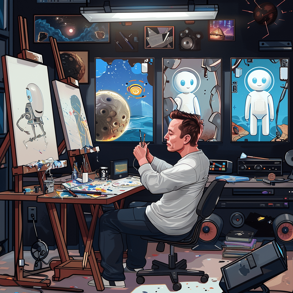 Ein Künstler malt in seinem Atelier, umgeben von verschiedenen Weltraum-inspirierten Kunstwerken und einem Astronautenmodell