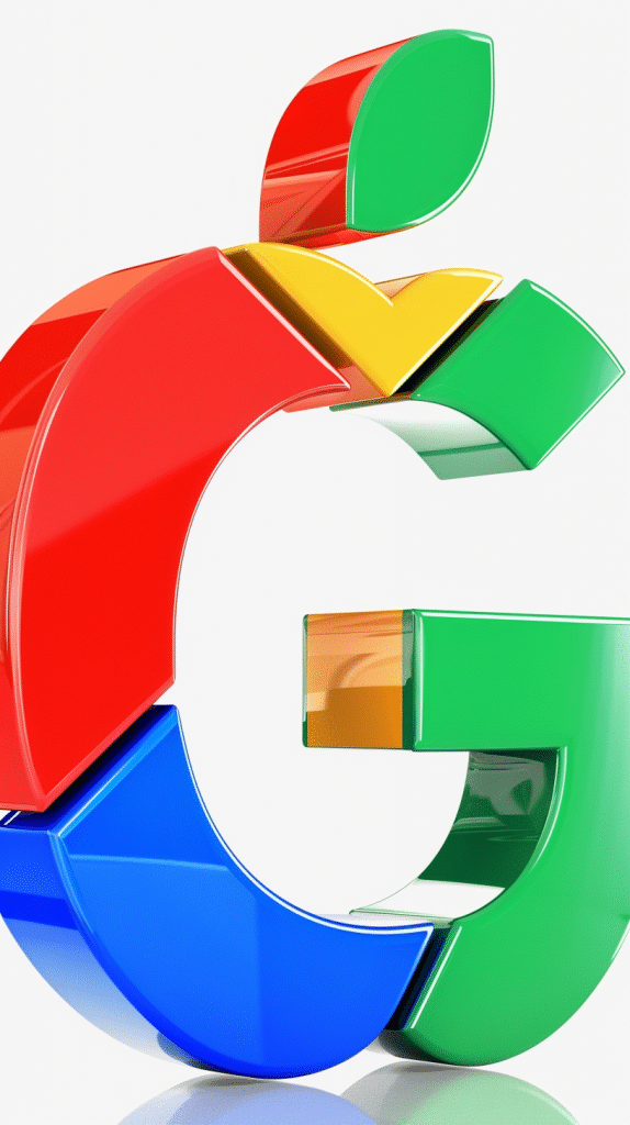 3D-Logo-Fusion von Google und Apple in leuchtenden Farben