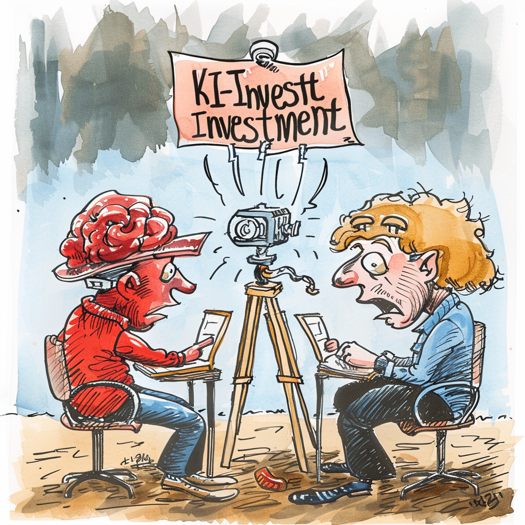 Karikatur von zwei Personen, die eine hitzige Diskussion über KI-Investitionen führen, symbolisiert durch eine Glühbirne, die über einer Kamera schwebt