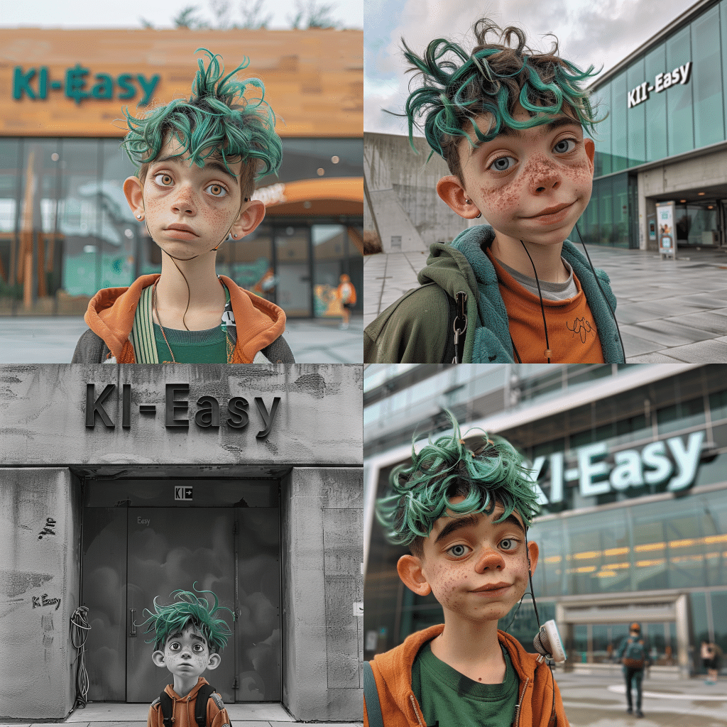 Eine Montage von vier Bildern eines animierten Charakters mit grünen Haaren vor dem KI-Easy-Gebäude in verschiedenen Stimmungen und Tageszeiten