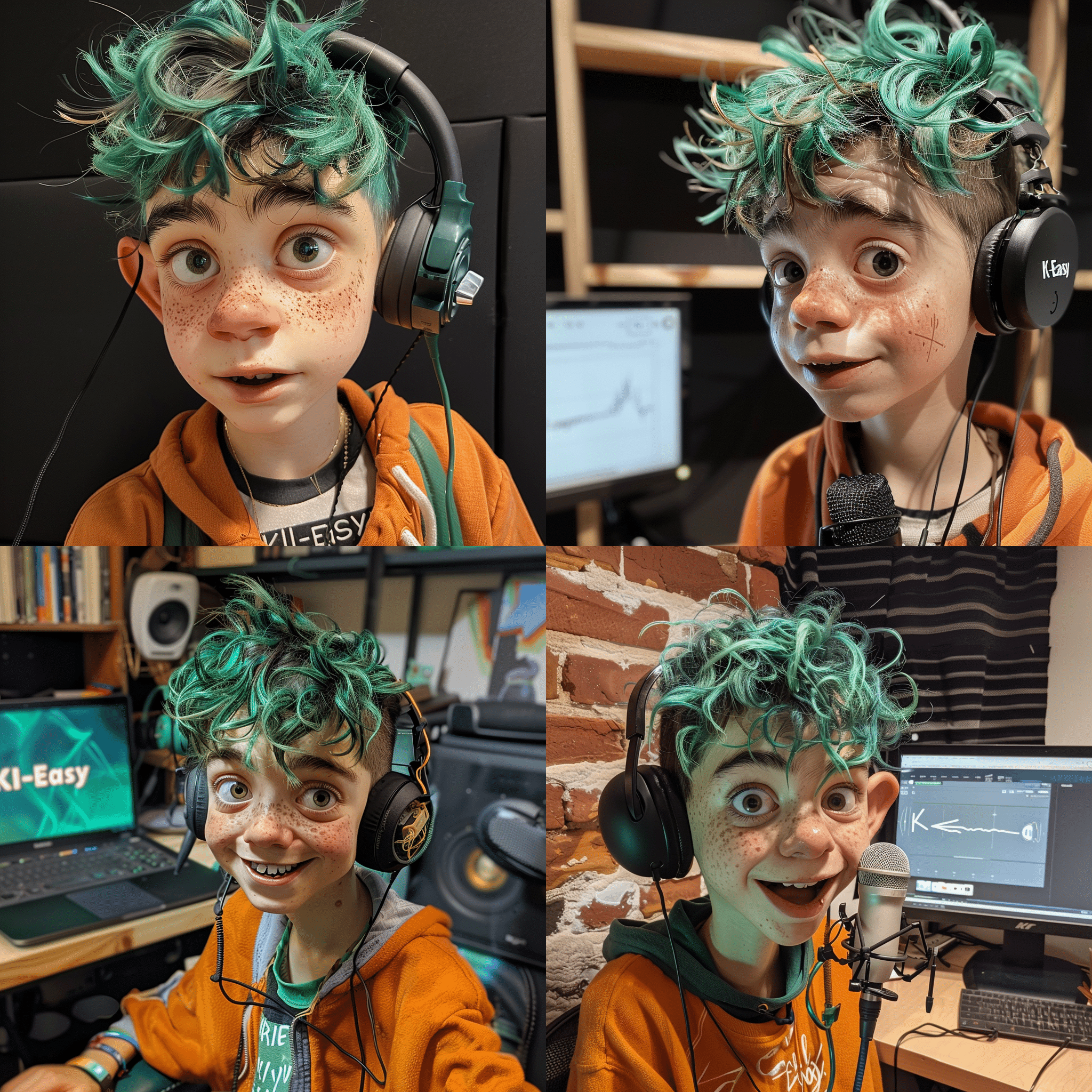 Ein junger Podcaster mit türkisgrünen, wirren Haaren und sommersprossigem Gesicht sitzt lächelnd vor einem Mikrofon, mit einem 'KI-Easy' Shirt bekleidet, umgeben von Podcasting-Equipment in einem gemütlichen Studio mit Backsteinhintergrund