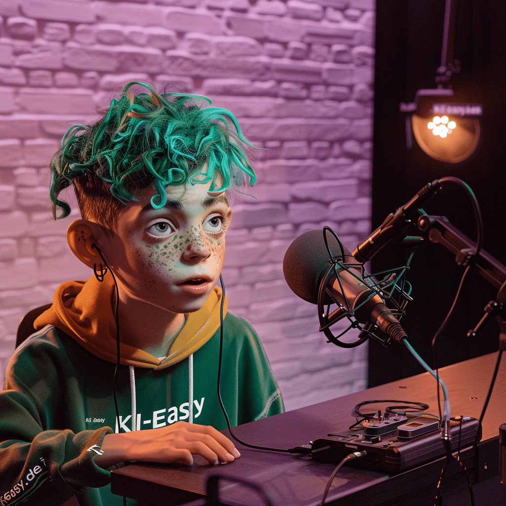 A young podcaster with striking turquoise curls and a hoodie branded with "KI-Easy" engages in a discussion in a studio adorned with brick walls and warm ambient lighting, signaling a fusion of youthful energy and cutting-edge technology.