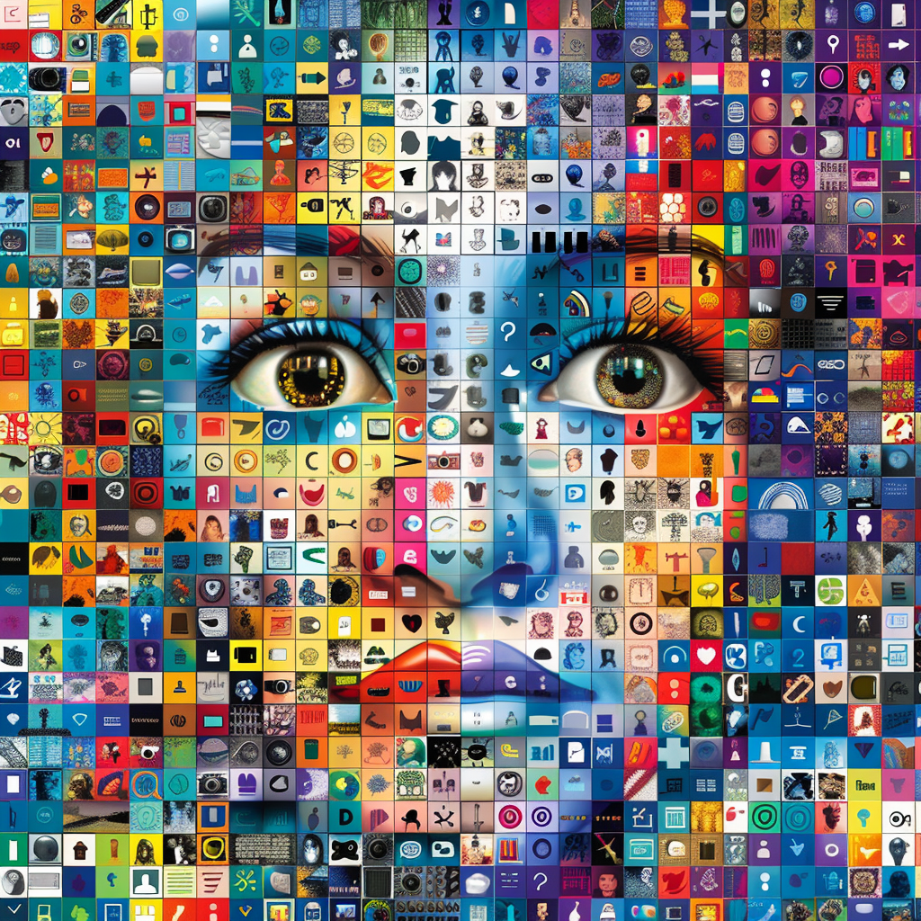 Eine bunte Collage aus verschiedenen kleinen Symbolen, Icons und Grafiken, arrangiert zu einem größeren Bild, das zwei menschliche Augen darstellt. Die Zusammensetzung zeigt eine Vielzahl von Themen und Elementen, die von Technologie bis hin zu Natur reichen.