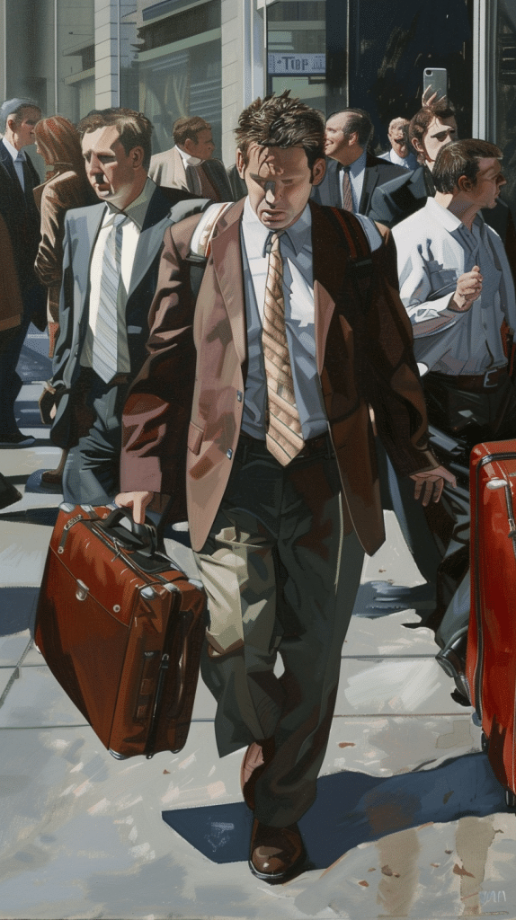 A downcast businessman with a creased suit and a worn briefcase walks among a crowd of professionals, reflecting the somber mood of job loss in the corporate sector.